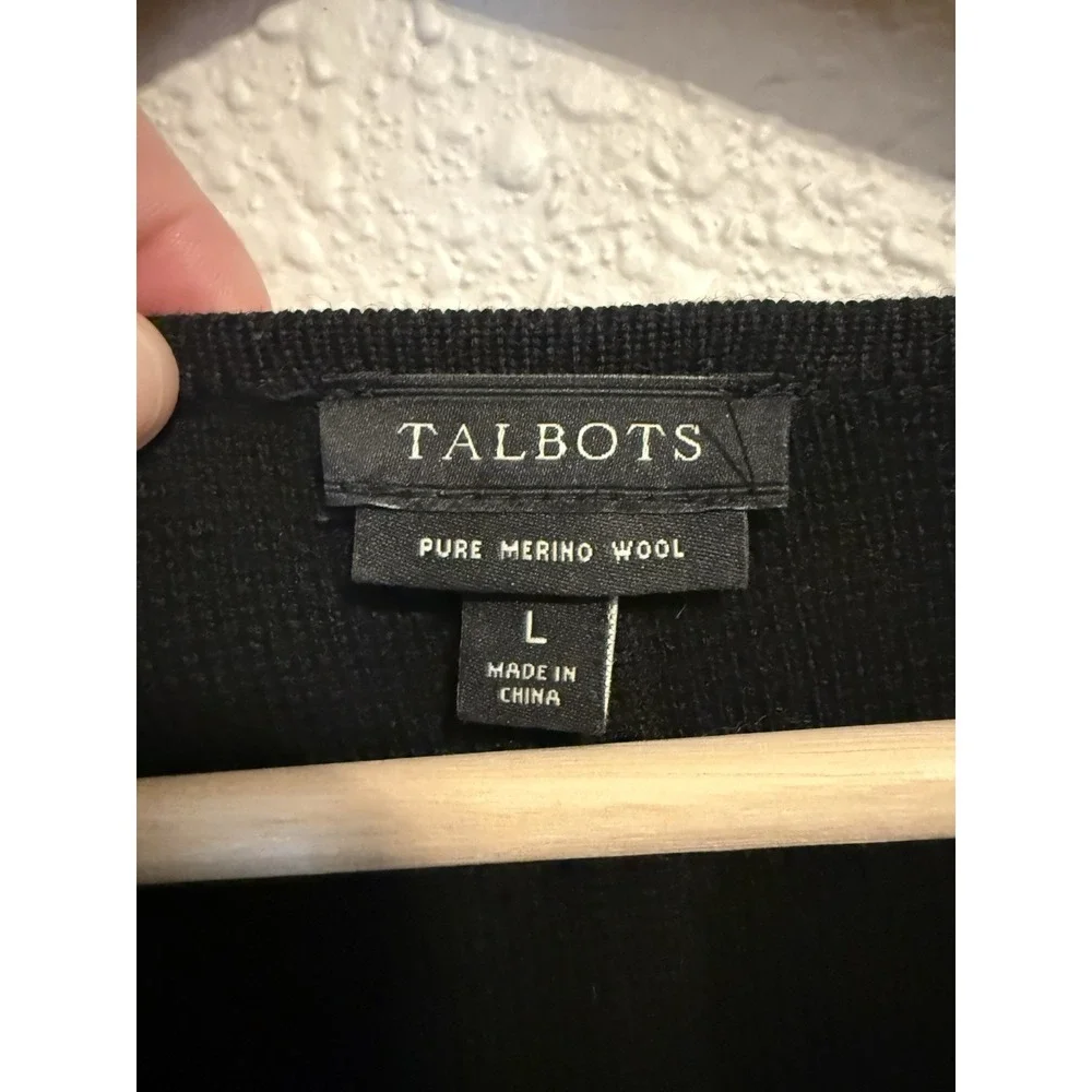 Talbots 100% Wool Long Sweater Tunic Midi Cardigan Jacket Black Full Zip Women L